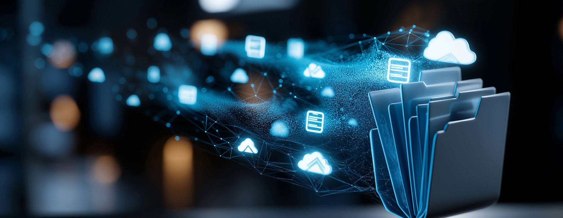 Digital visualisering av filer och molntjänster med mappar och dataikoner som flödar mellan system, vilket illustrerar backup som tjänst, säker lagring, synkronisering och hantering av data i molnbaserad IT‑miljö
