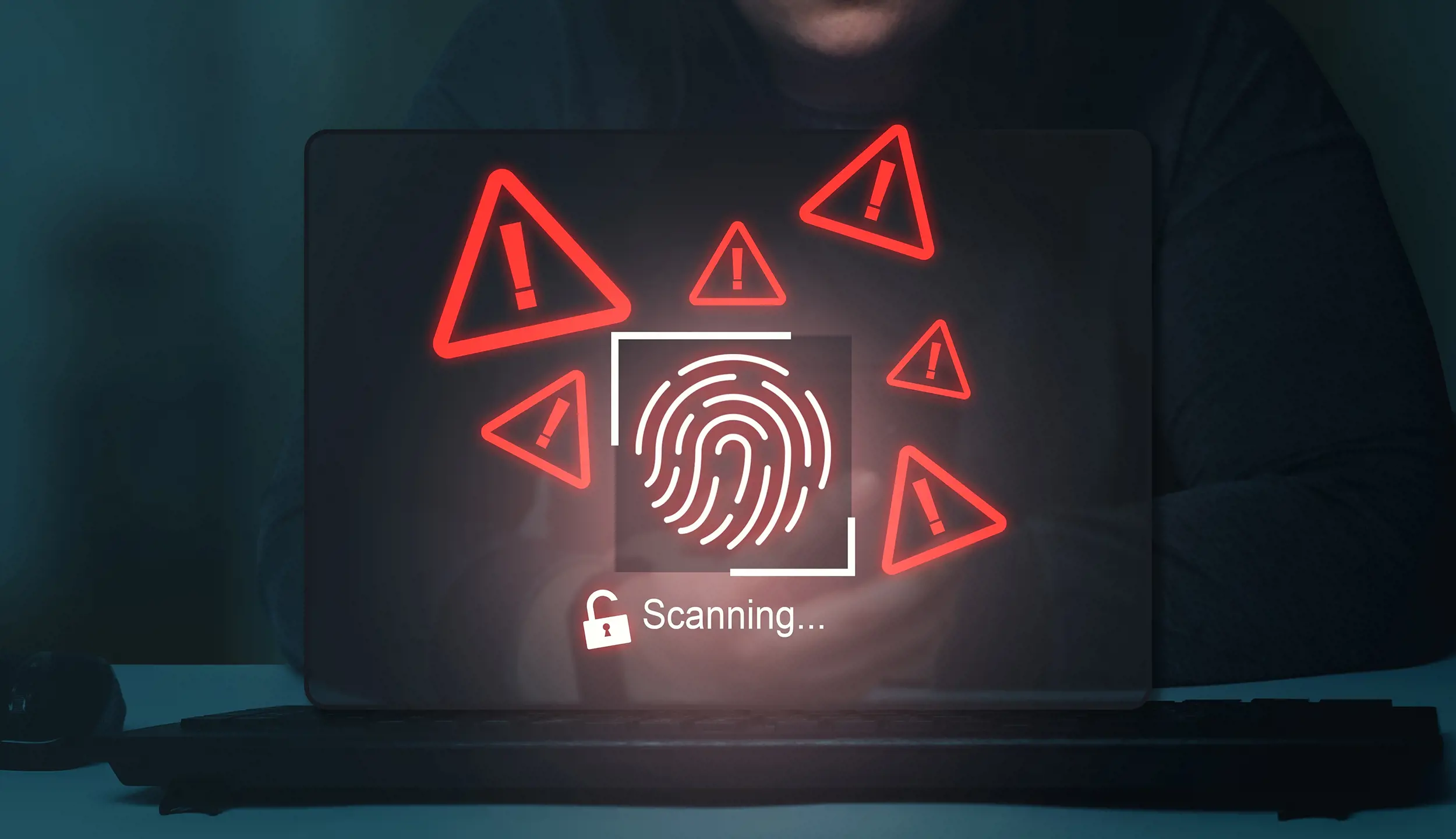 Närbild på en laptop där ett digitalt fingeravtryck skannas med texten “Scanning…” och röda varningstrianglar runtom, vilket symboliserar identifiering av säkerhetsrisker och sårbarheter i system