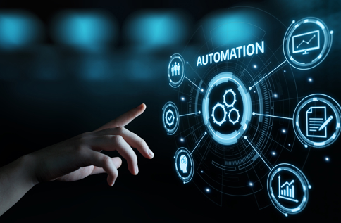 Digital visualisering av automatisering med ikoner för processer, analys och rapportering (RPA och DPA) i verksamhetssystem