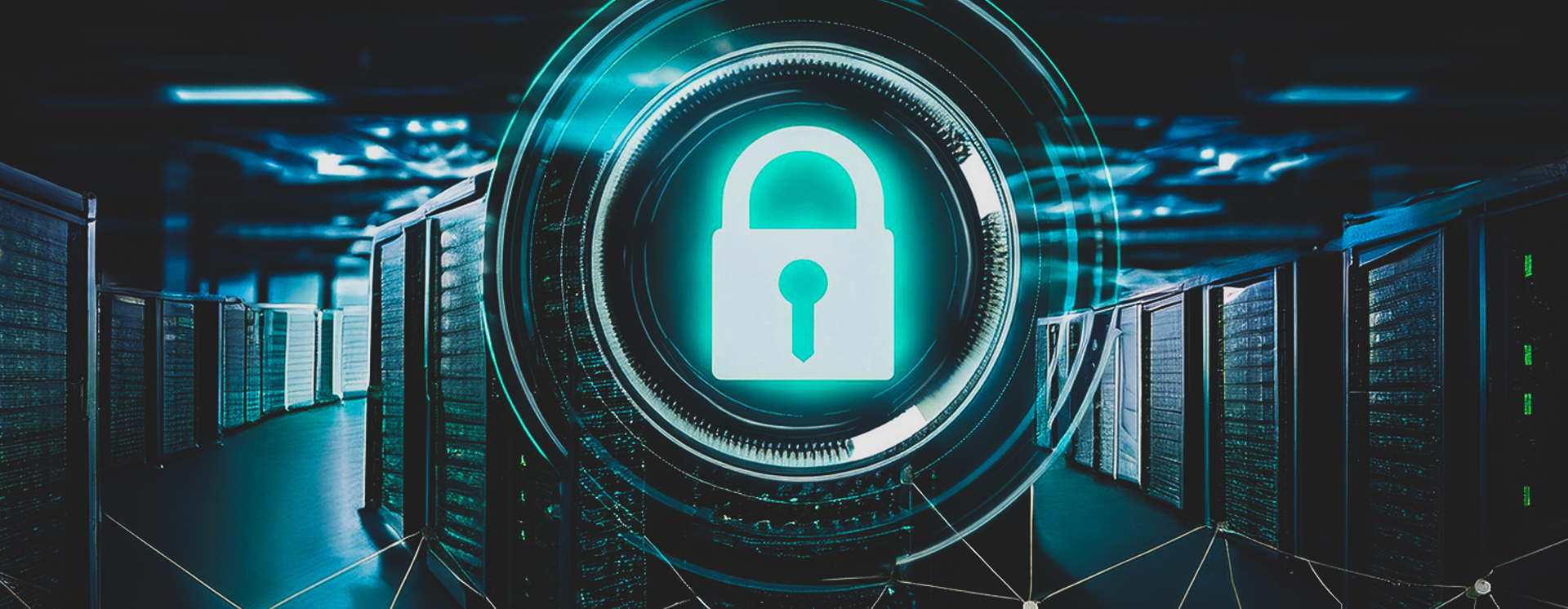 Datacenter med digitalt hänglås som symboliserar cybersäkerhet, backup, dataskydd och säker lagring av företagsinformation