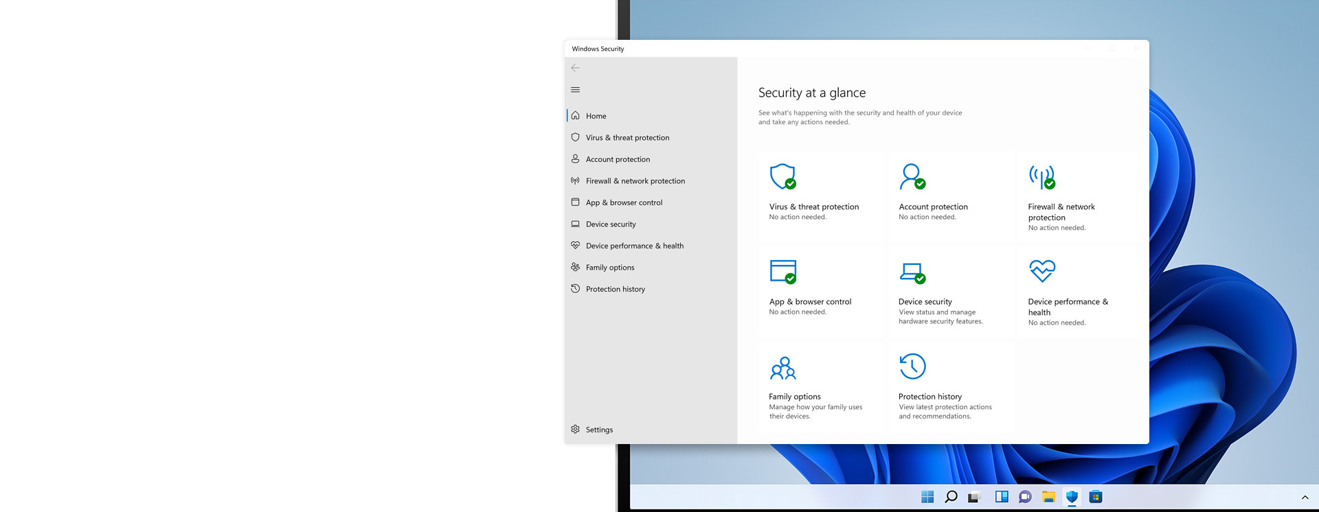 Skärmbild av Windows säkerhetsöversikt som visar status för virusskydd, konto-, nätverks- och enhetssäkerhet i ett systemfönster på en laptop