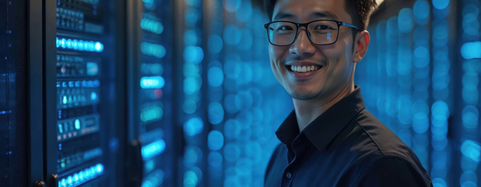 Person står i serverhall med rader av rackservrar och blinkande LED‑lampor i bakgrunden, vilket illustrerar klientdrift som tjänst, IT‑övervakning och drift av affärskritiska system i modern datacentermiljö