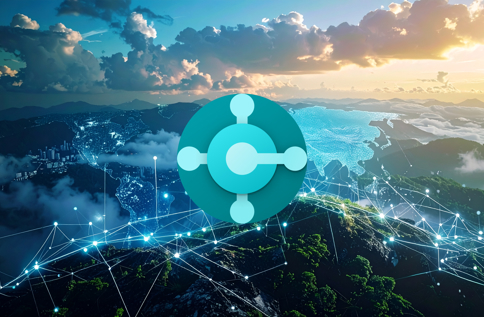 Digital illustration av globalt nätverk över jordklotet med linjer och datapunkter samt centralt placerad ikon, som symboliserar integration och uppkoppling