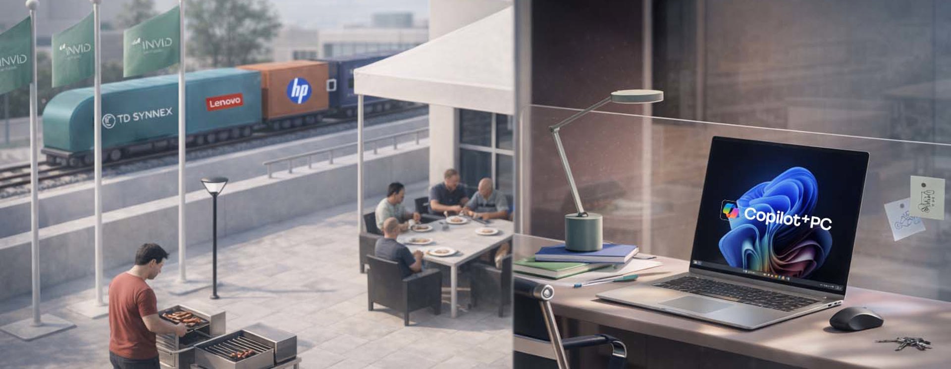 Copilot+ PC-aktivitet i Jönköping med modern AI-dator i arbetsmiljö, medan deltagare nätverkar utomhus vid event arrangerat av INVID