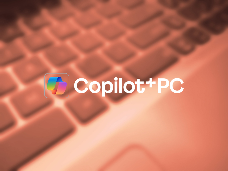 Copilot+ PC Logotyp Placerad Framför En Mjukt Suddig Bakgrund Med Ett Tangentbord I Rosa Och Orange Belysning, Vilket Illustrerar AI Drivna Datorupplevelser
