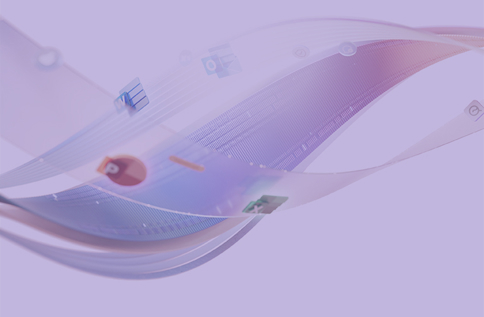 Abstrakt lila bakgrund med digitala flöden, ikoner och nätverksgrafik som symboliserar moderna IT-lösningar och digitalisering
