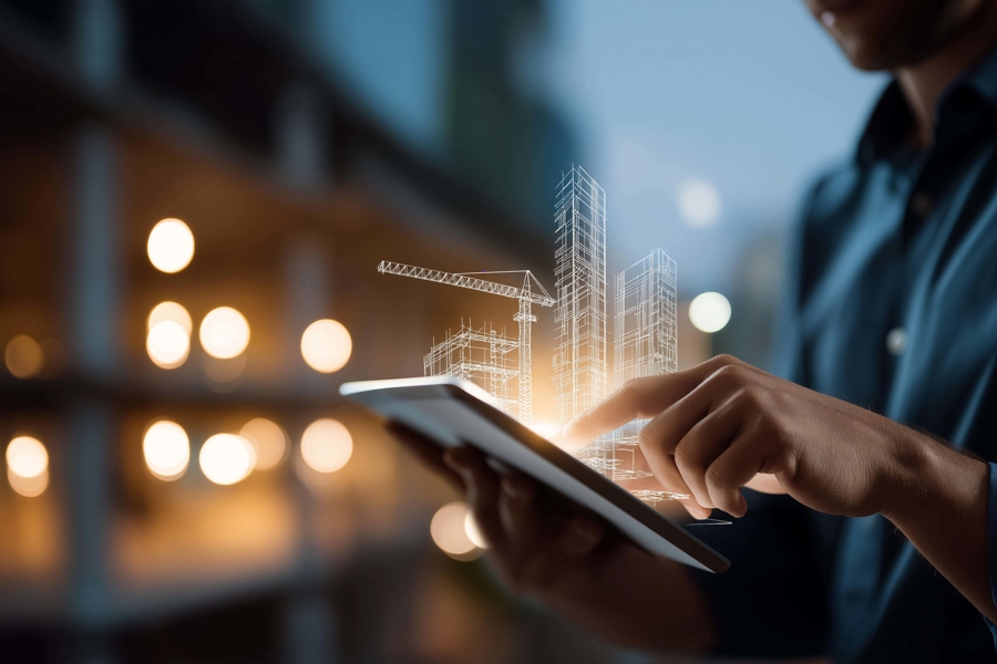 Person använder surfplatta i stadsmiljö med digital visualisering av byggprojekt och data, vilket illustrerar digitalisering, smarta system och uppkopplade lösningar inom verksamhetsutveckling och IT