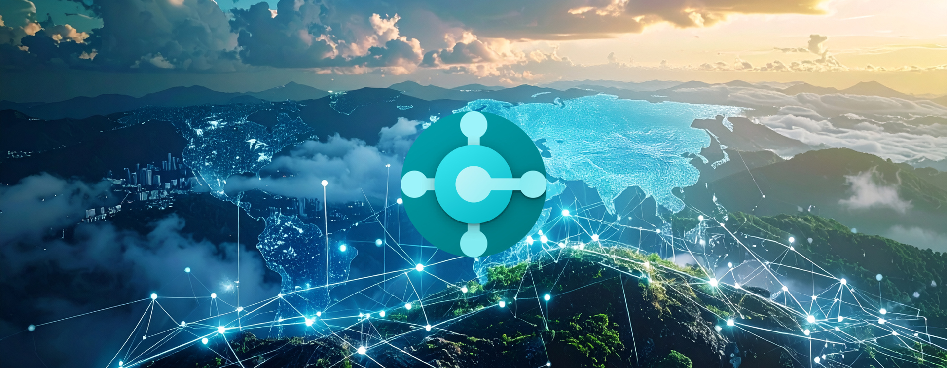 Digital illustration av globalt nätverk över jordklotet med linjer och datapunkter samt centralt placerad ikon som visar uppkoppling och integration