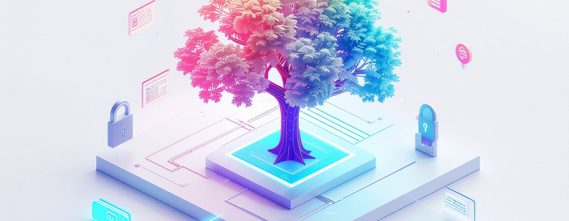 Färgstark 3D‑illustration av ett träd på en plattform, omgivet av digitala linjer, låsikoner och symboler som representerar data, säkerhet och teknik