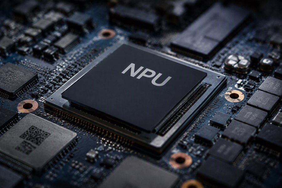 AI Genererad Bild. Närbild Av Ett NPU Chip Monterat På Ett Kretskort, Omgivet Av Elektroniska Komponenter Som Symboliserar AI Prestanda Och Lokal Databehandling