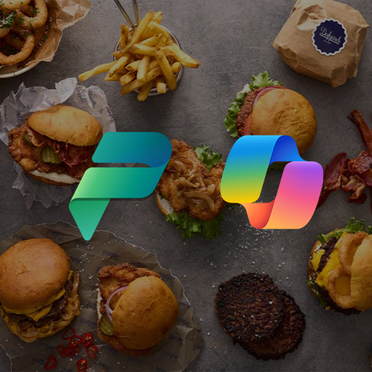 Dafgårds-produkter och snabbmat serverad på bord med Microsoft Power Platform och Copilot-logotyper som symboliserar digitalisering, automatisering och affärsutveckling