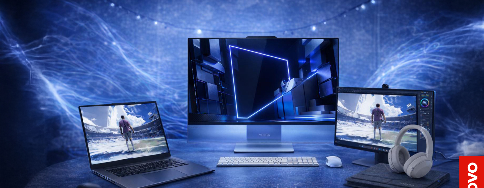 Lenovo-enheter för arbete och kreativa arbetsflöden med bärbar dator, stationär dator, surfplatta och tillbehör i modern digital miljö