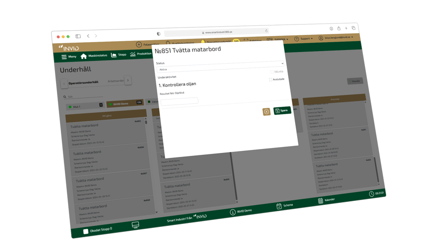 Skärmbild av underhållssystem med arbetsorder, inklusive checklista och statusfält för uppföljning