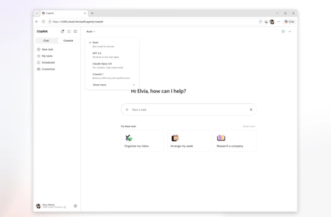 Skärmbild av Microsoft Copilot med Copilot Cowork där användaren kan skapa, planera och automatisera arbetsuppgifter