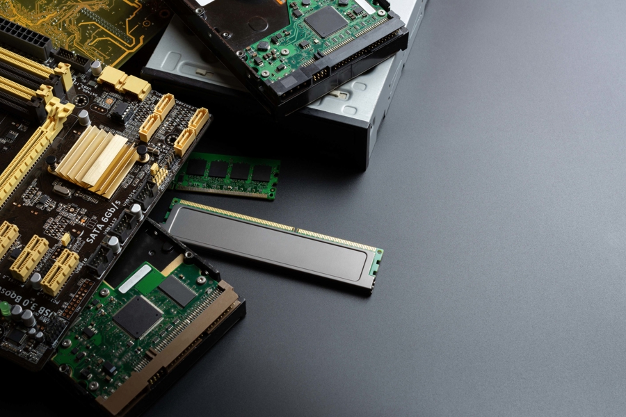Närbild av datorkomponenter som moderkort, SSD, RAM‑minne och hårddiskar, vilket illustrerar IT‑infrastruktur, datalagring, backup och hantering av hårdvara i modern IT‑miljö