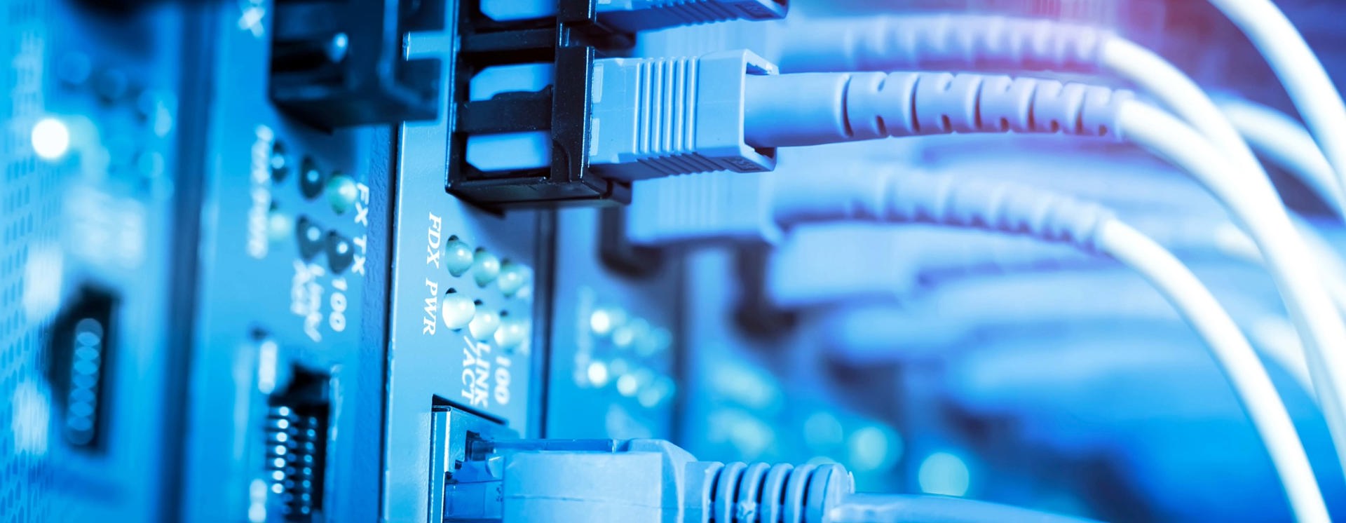 Närbild av nätverkskablar anslutna till switch i servermiljö, vilket illustrerar IT‑infrastruktur, datakommunikation, brandvägg som tjänst och säker nätverkshantering i modern IT‑miljö