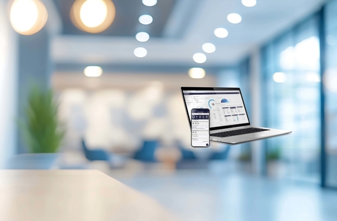 Laptop och mobil som visar affärssystem med dashboards, KPI:er och dataanalys i modern arbetsmiljö, vilket illustrerar digital uppföljning och tillgänglighet i verksamheten