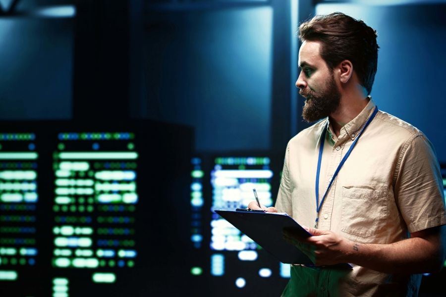 Tekniker står i serverhall och övervakar IT‑infrastruktur med anteckningsblock framför rackmonterade servrar, vilket illustrerar klientdrift som tjänst, systemövervakning och drift av affärskritiska system i datacenter